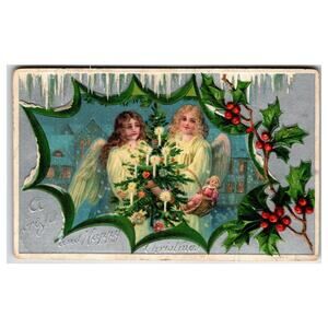 Vintage 1908 Embossed Christmas Postcard with Angels & Holly